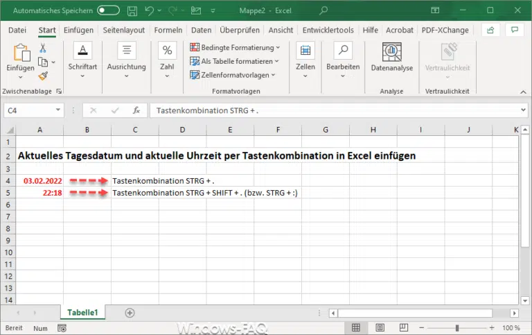 Excel: Aktuelles Tagesdatum und Uhrzeit einfügen