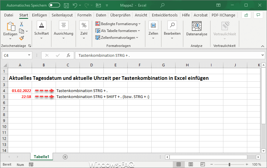 Tagesdatum und Uhrzeit in Excel einfügen