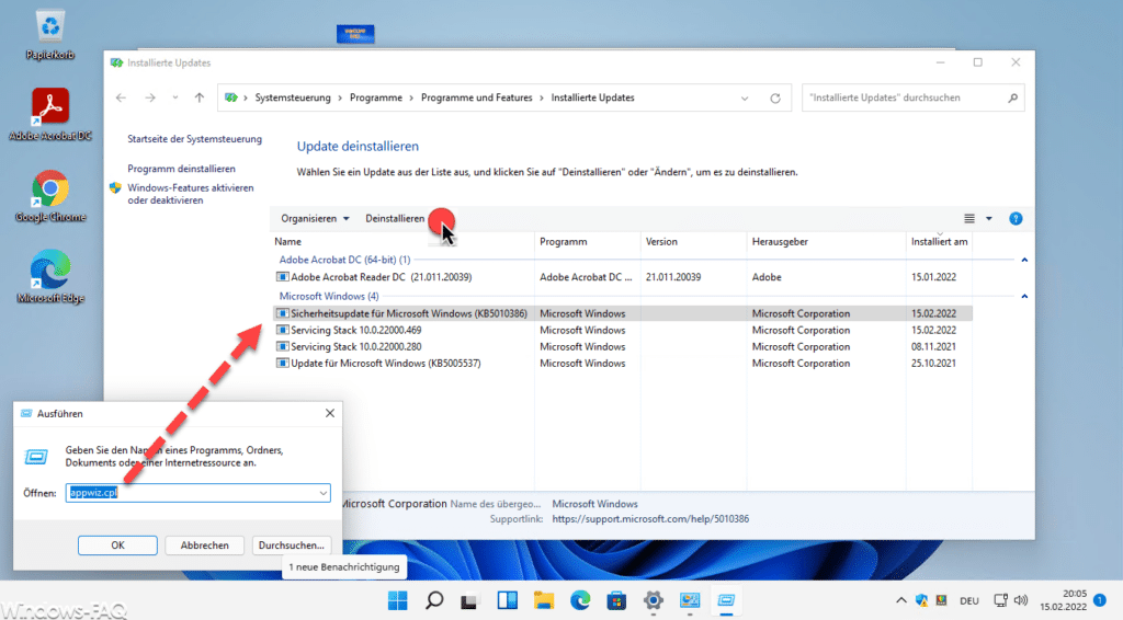 Windows 11 Updates über appwiz.cpl deinstallieren