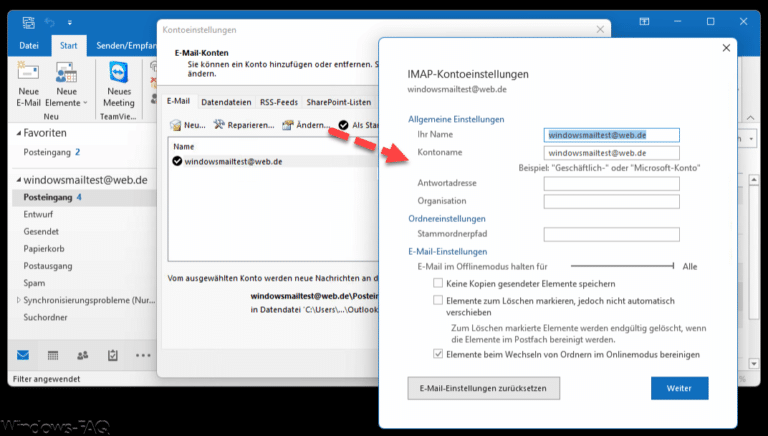 Outlook IMAP Kontoeinstellungen Details Web.de