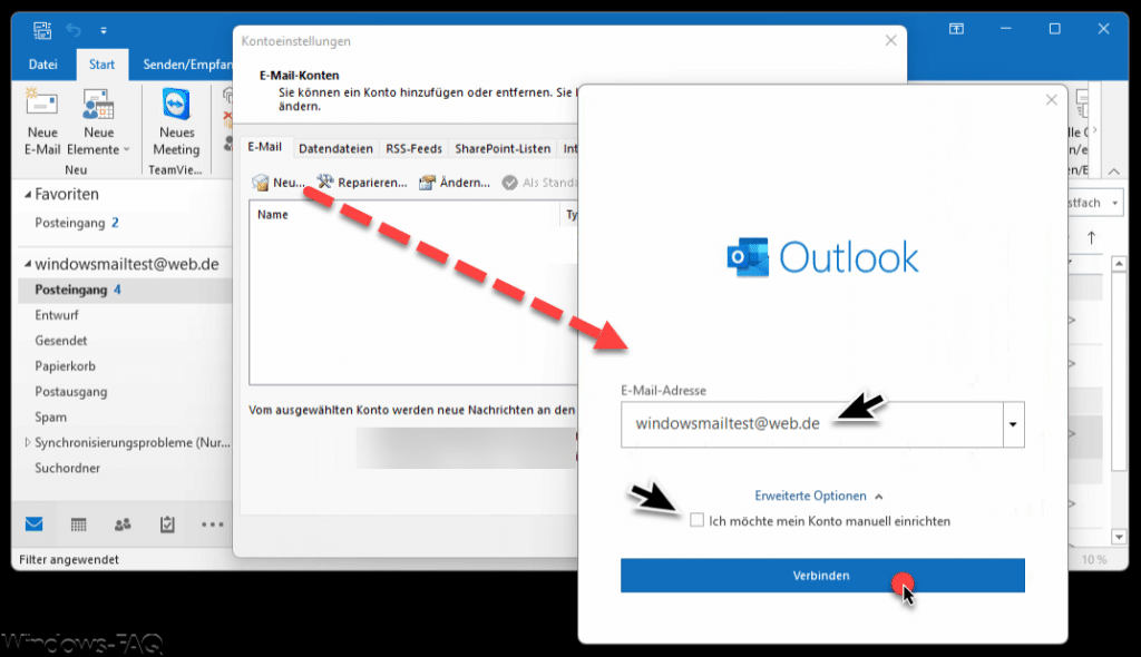 Outlook Neues Konto Web.de
