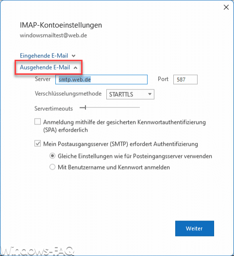 Outlook Servereinstellungen ausgehende Mail Web.de