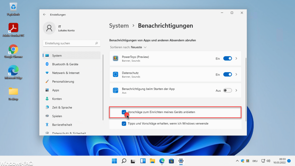 Windows 11 Vorschläge zum Einrichten meines Geräts anbieten