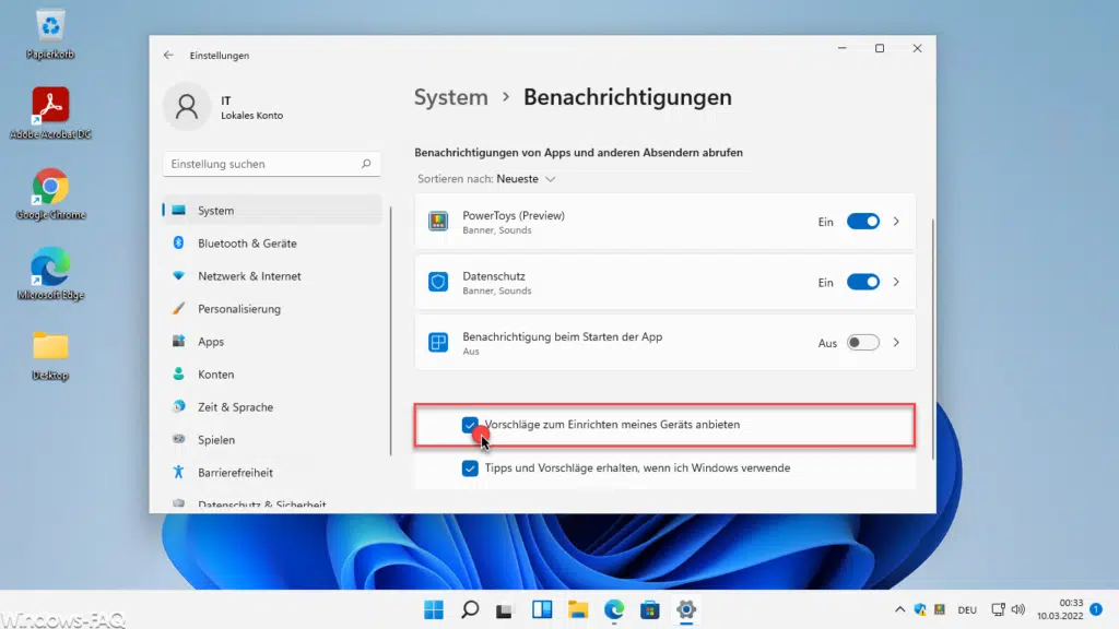 Windows 11 Vorschläge zum Einrichten meines Geräts anbieten