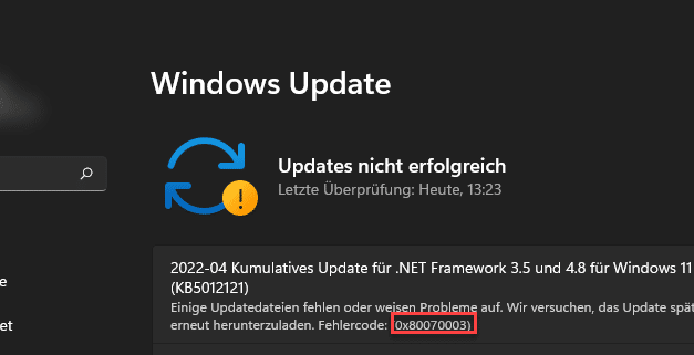 0x80070003 Fehlercode beim Windows Update