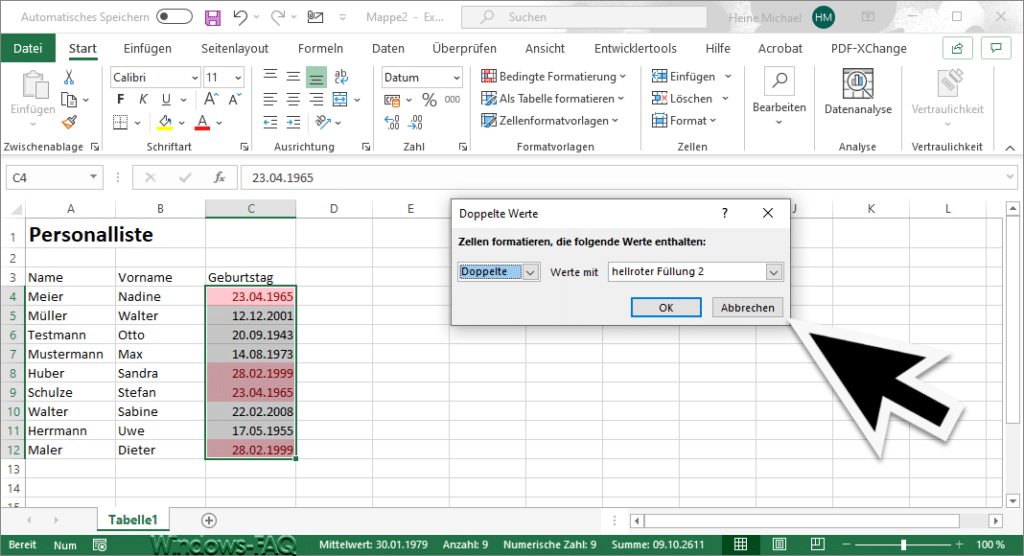 Excel Zellen formatieren die doppelte Werte enthalten