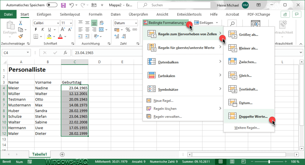 Excel bedingte Formatierung doppelte Werte