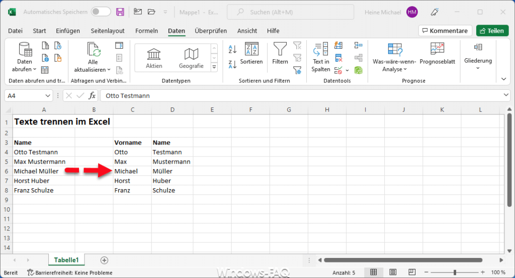 Excel getrennte Texte