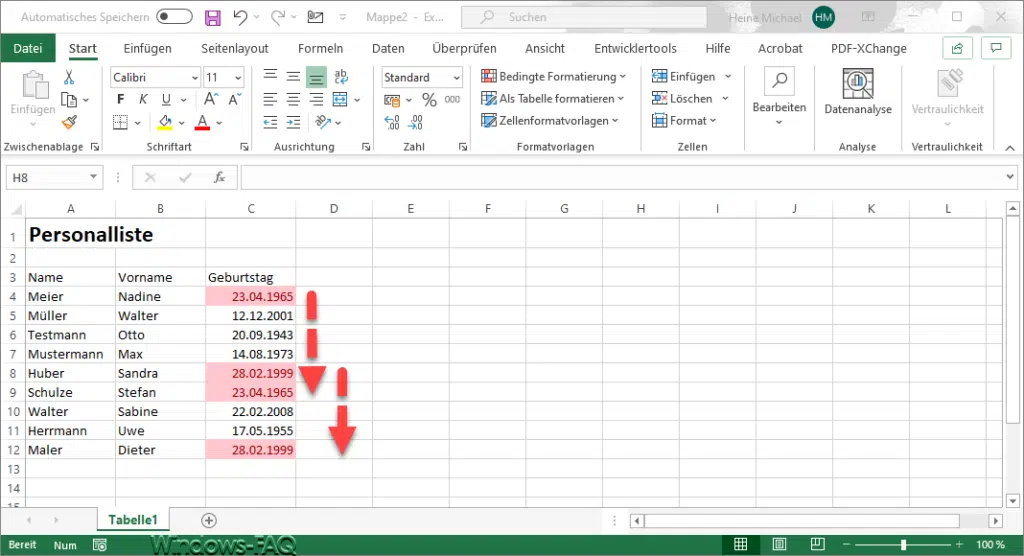 Excel rote Felder zeigen doppelte Werte an