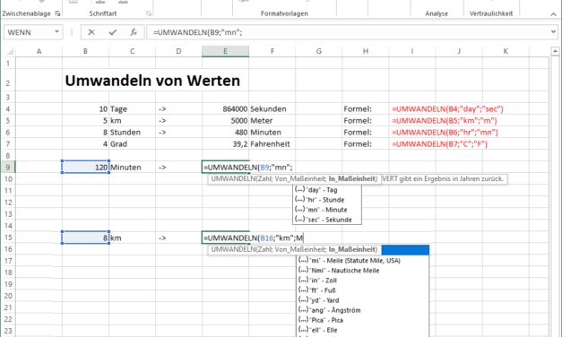 Excel umwandeln von Einheiten