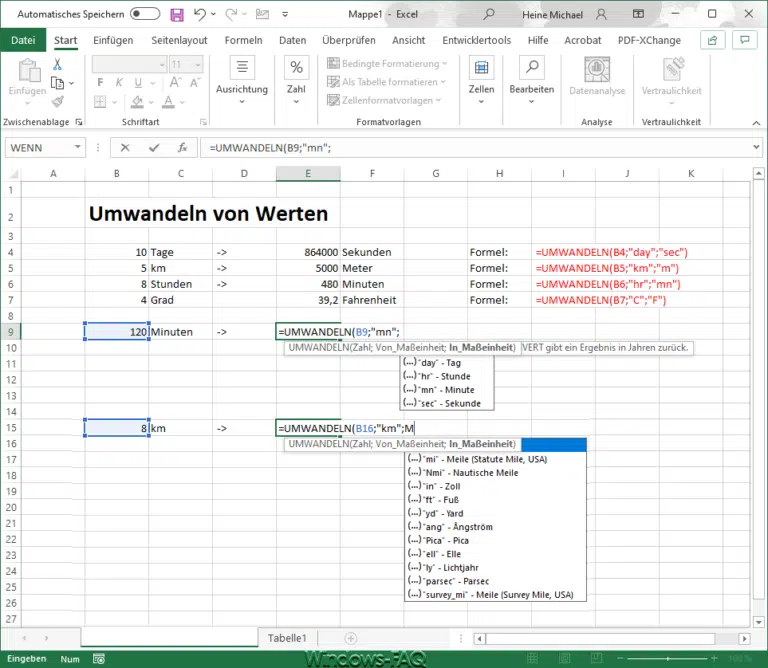 Excel umwandeln von Einheiten