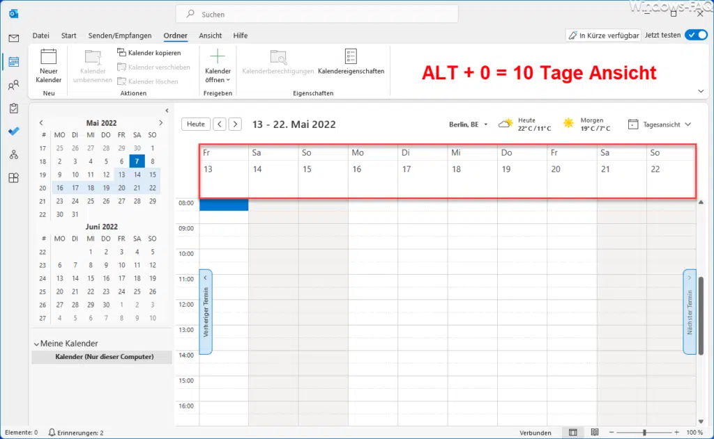 Outlook Ansicht 10 Tage