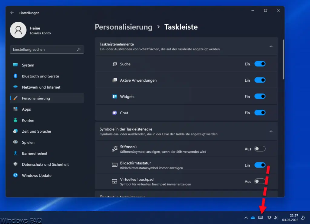 Windows Personalisierung Taskleiste Bildschirmtastatur