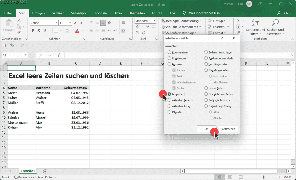 Excel Leerzellen suchen