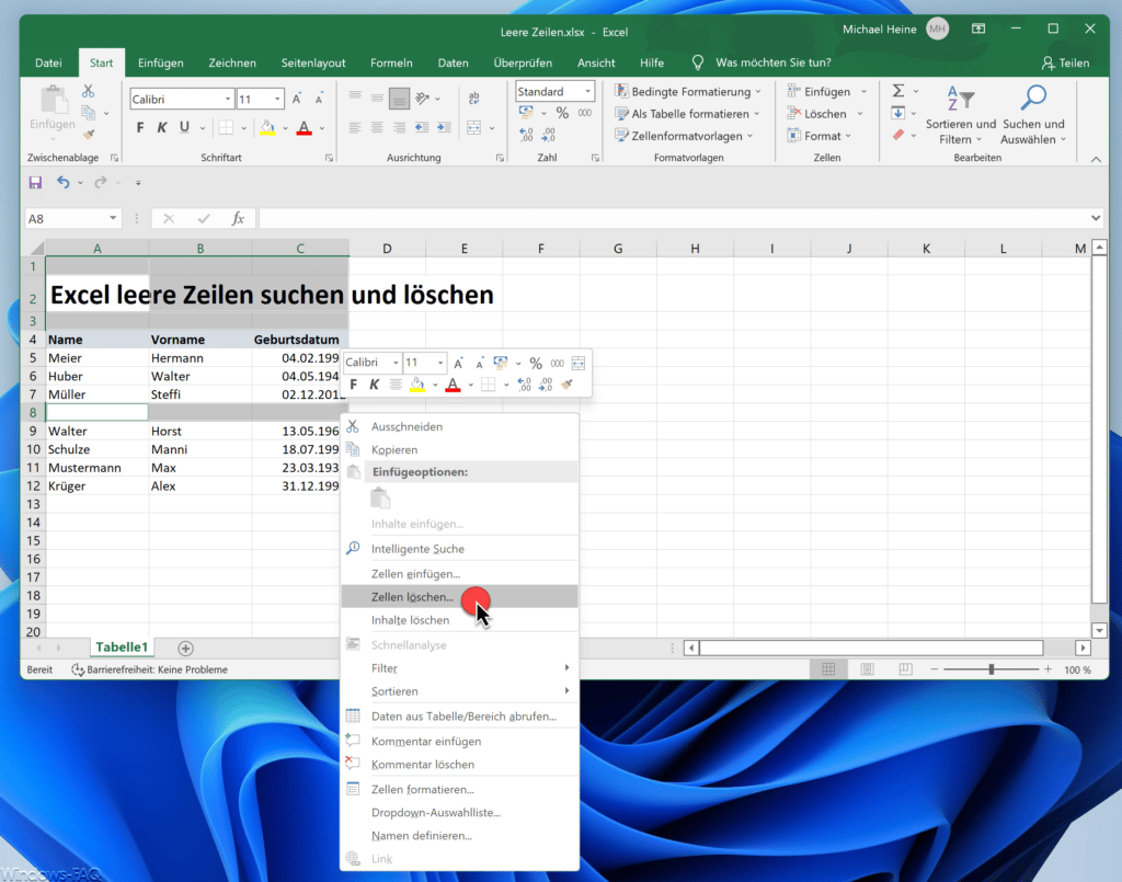 Excel Zellen löschen