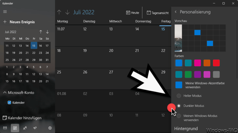 Windows Kalender auf Dunklen Modus umstellen