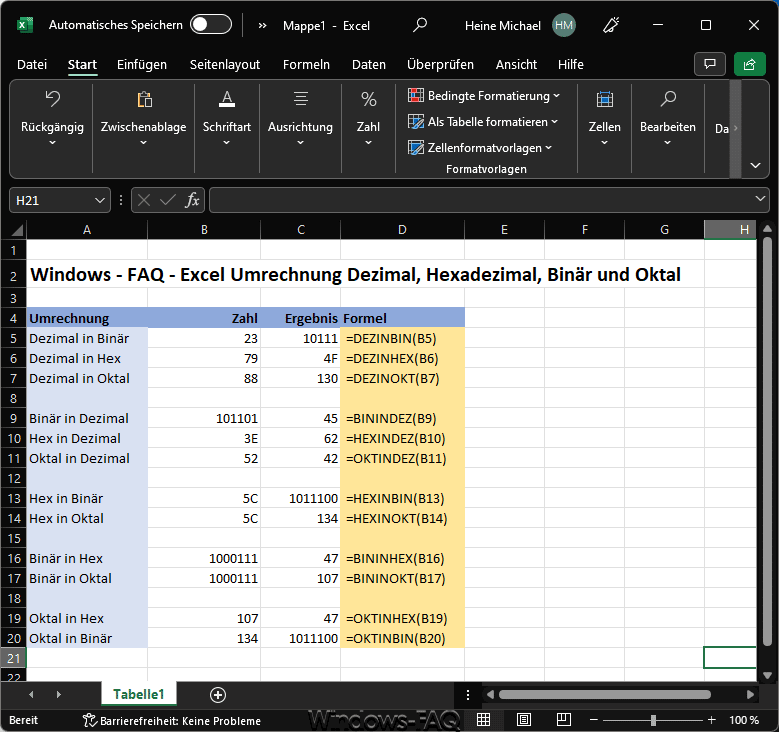 Excel Umrechnung Dezimal, Hex, Binär und Oktal