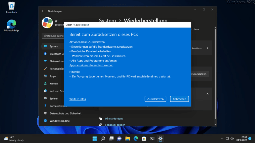 Bereit zum Zurücksetzen dieses Windows 11 PCs