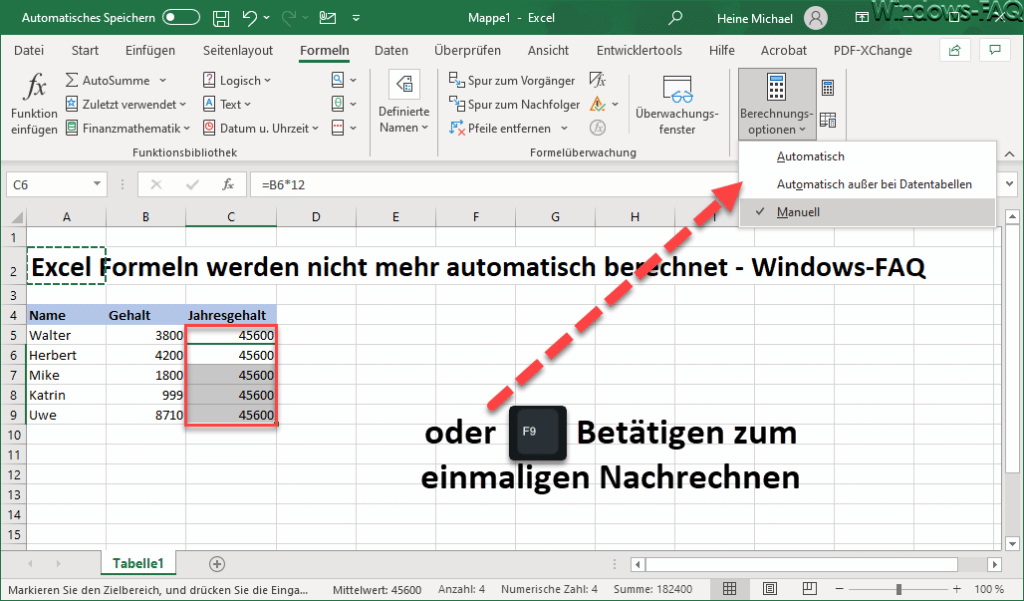 Excel Formeln werden nicht mehr automatisch berechnet
