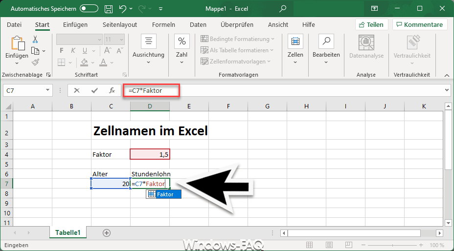 Excel Formel mit Zellname
