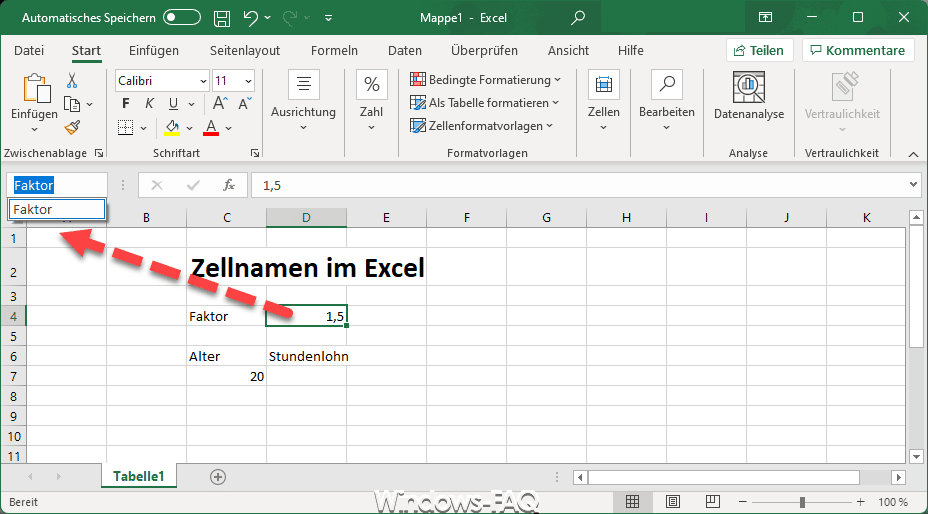 Excel Zellname festlegen