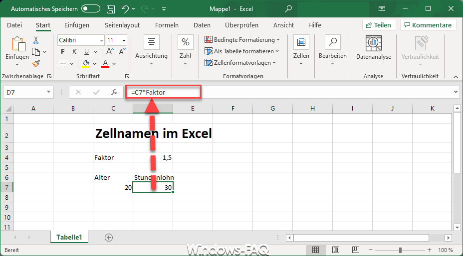 Excel berechnete Formel mit Zellname