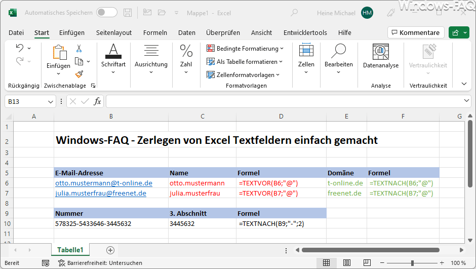 Zerlegen von Excel Textfeldern