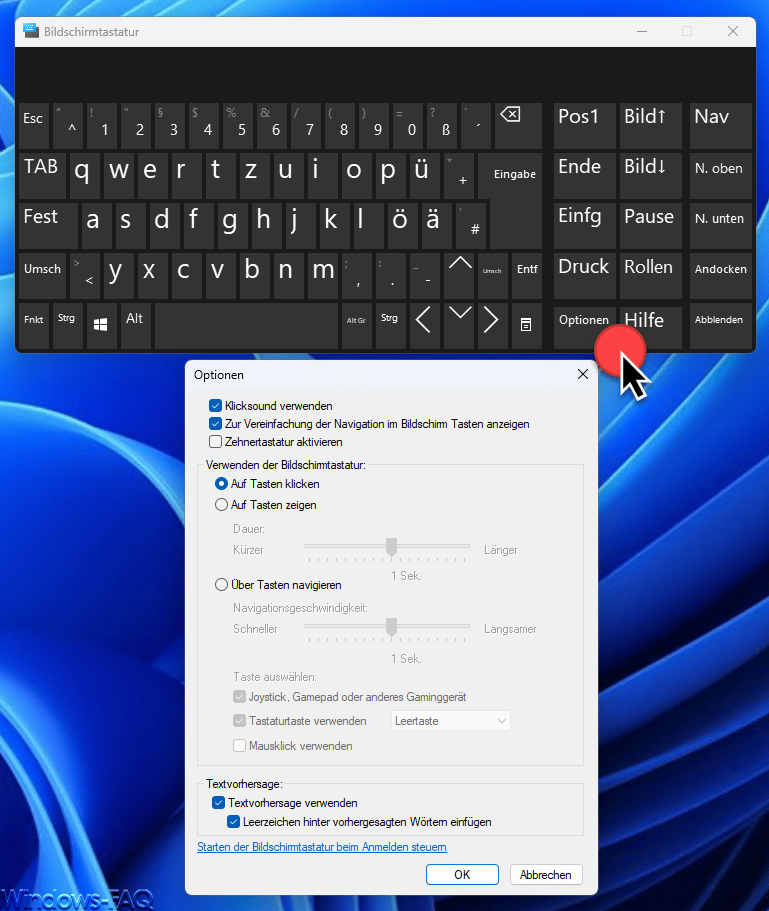 Optionen der Windows Bildschirmtastatur
