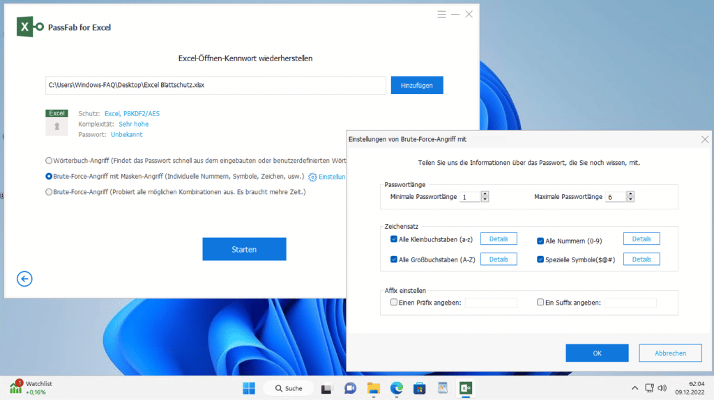 Passfab für Excel Angriffseinstellungen