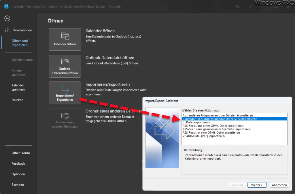 Outlook iCalender ICS Dateien exportieren oder importieren