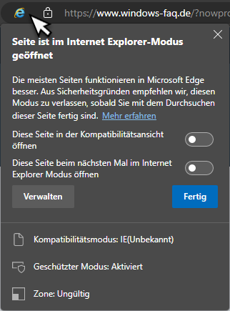 Webseite ist im Internet Explorer Modus geöffnet