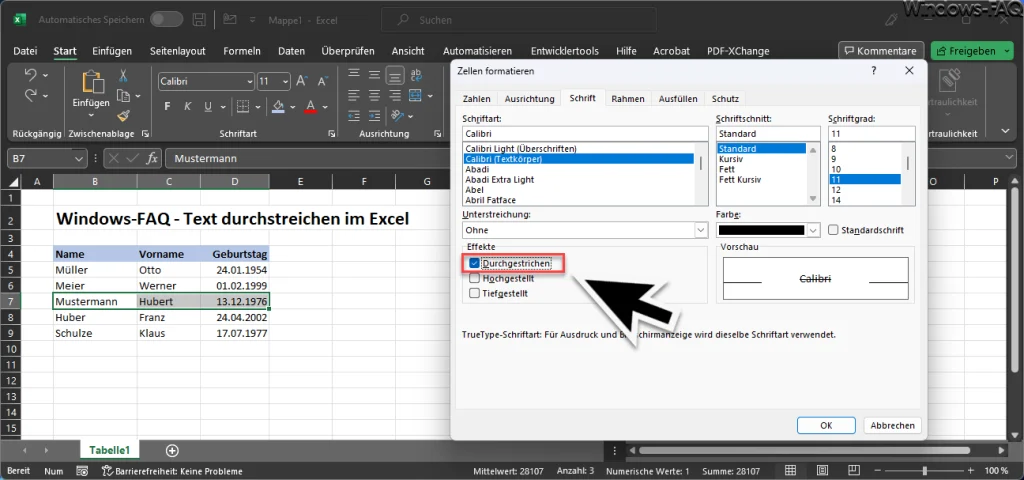 Excel Durchgestrichen