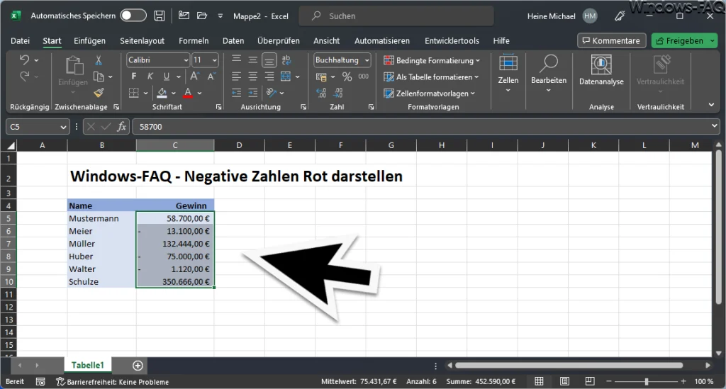 Excel negative Zahlen in Rot darstellen Bereich markieren