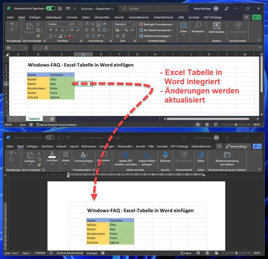 Excel Tabelle in Word eingefügt