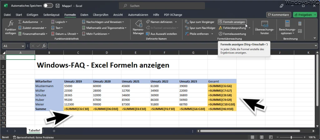 Excel alle Formeln werden angezeigt