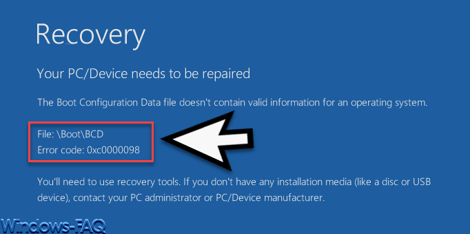 Recovery File Boot-BCD Fehlercode 0xc0000098