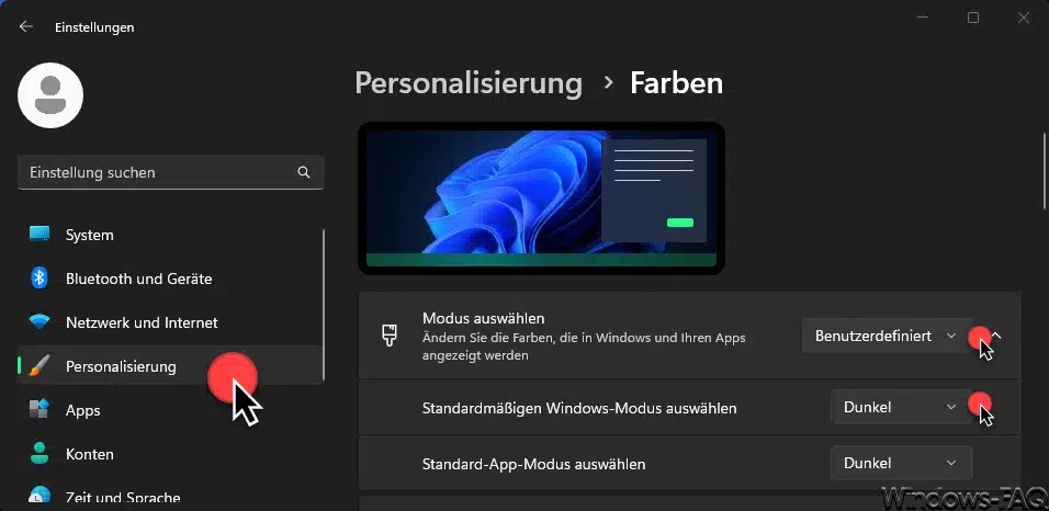 Windows 11 benutzerdefinierten Farbmodus und Windows Modus dunkel