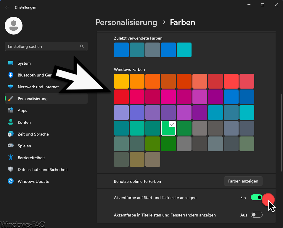 Windows Farbe für Taskleiste aussuchen und Akzentfarbe auf Start und Taskleiste anzeigen aktivieren