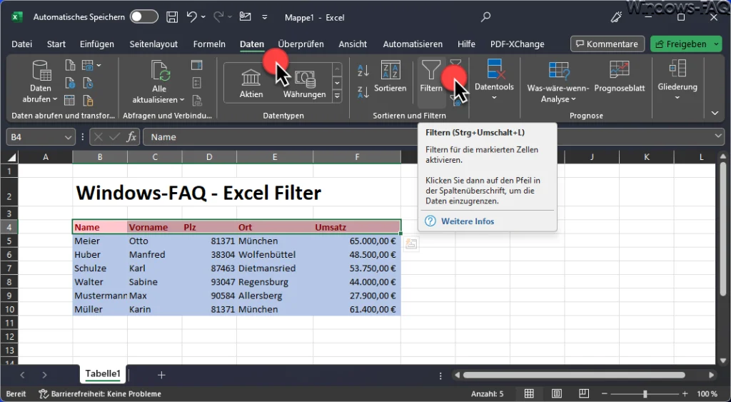 Excel Filter - Strg + Umschalt + L