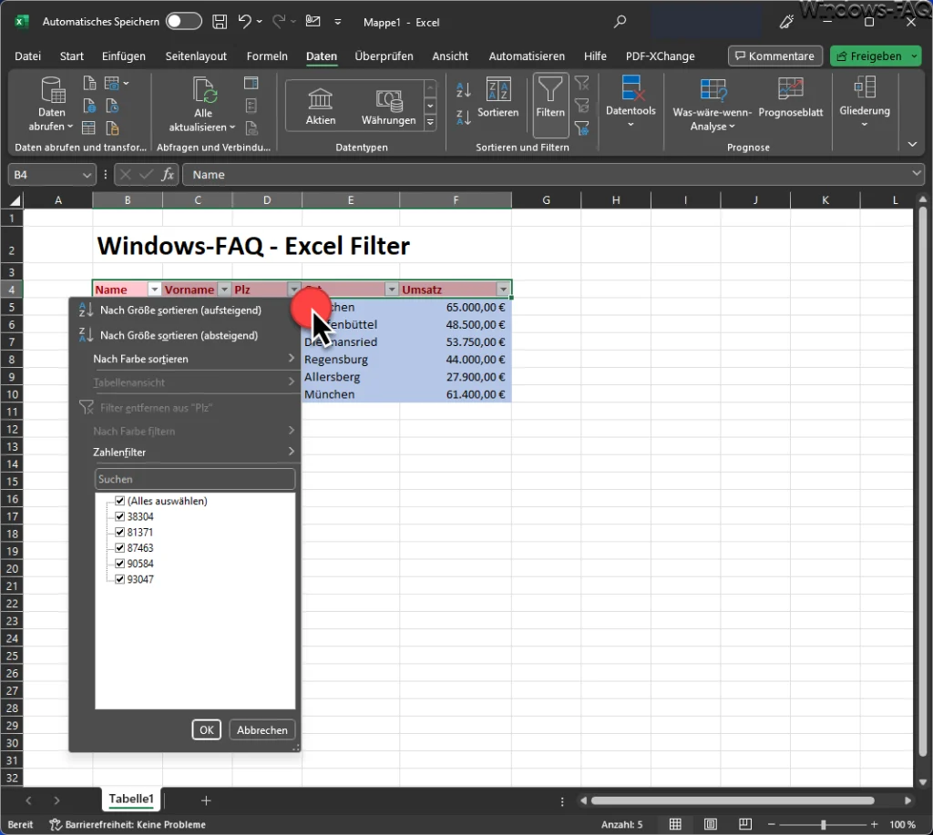 Excel Filter aufklappen