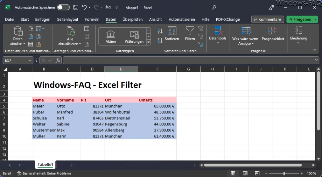 Excel Filter vor Filter setzen