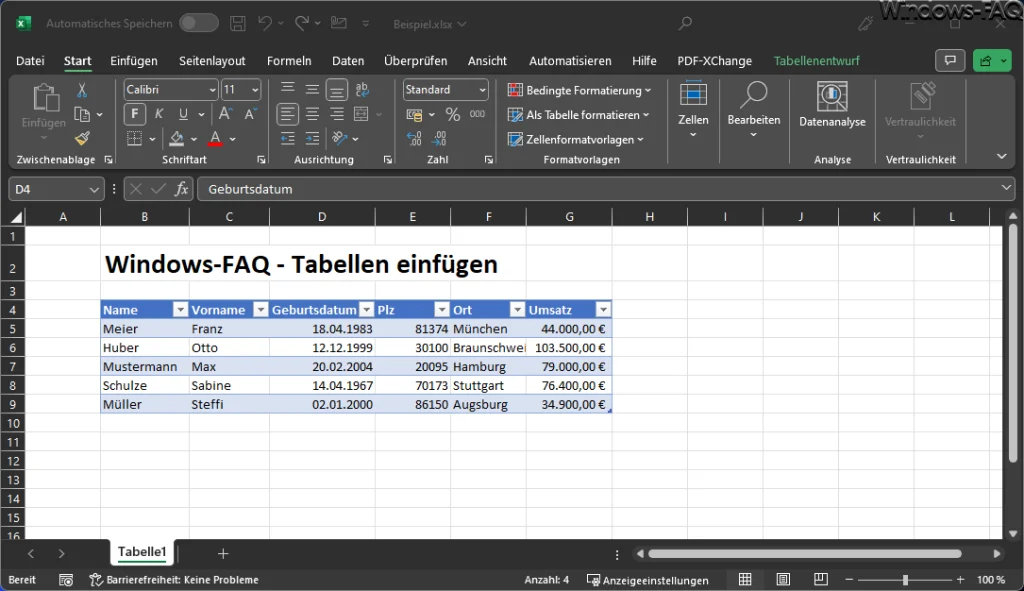 Excel erstellte Tabelle