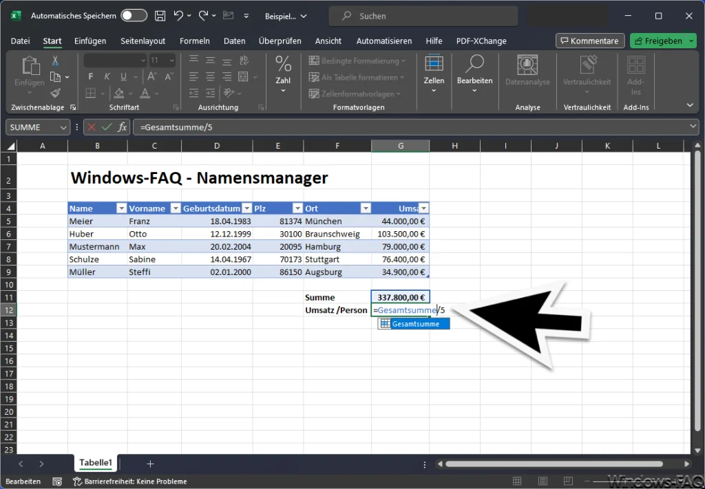 Excel Zellenname in Formel