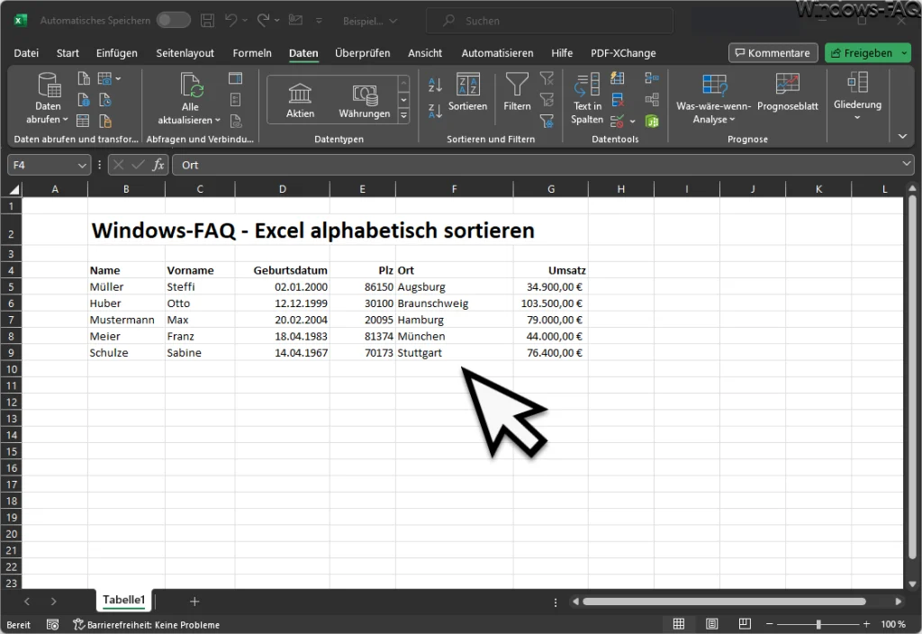 Excel sortierte Tabelle