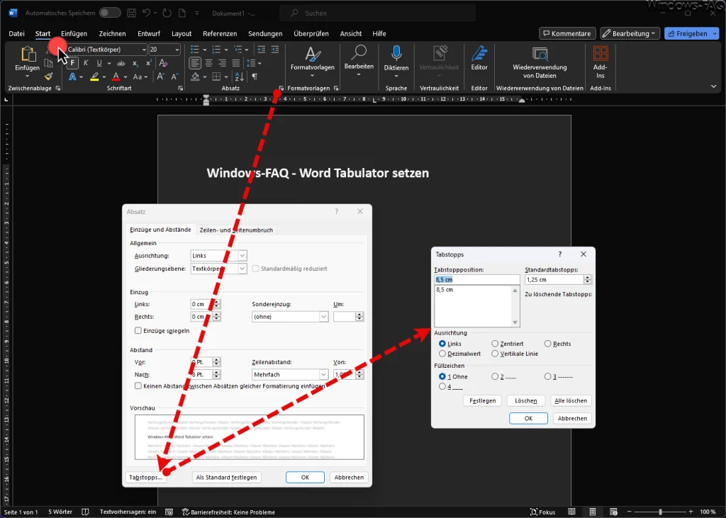 Word Tabulator über Start Absatz Menü