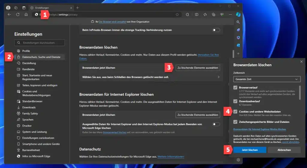 Microsoft Edge Browserverlauf Cookies löschen