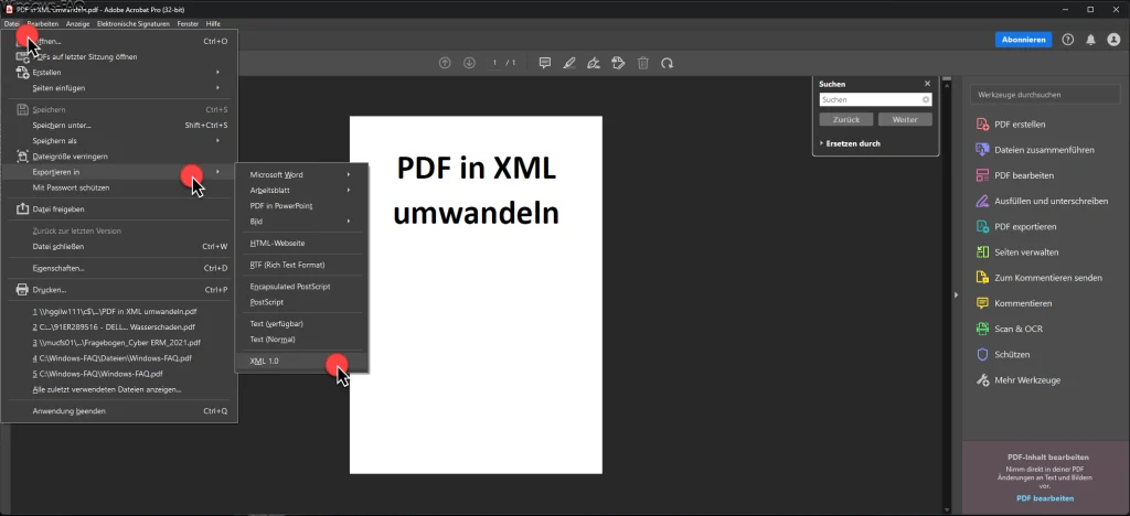 PDF in XML umwandeln im Adobe Acrobat