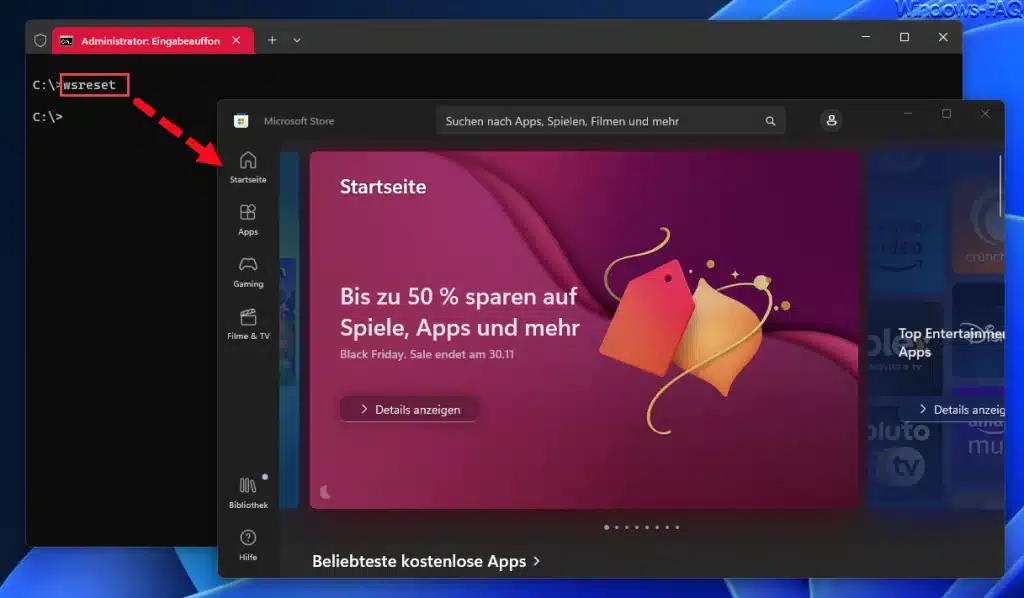 WSRESET beseitigt Microsoft Store Probleme