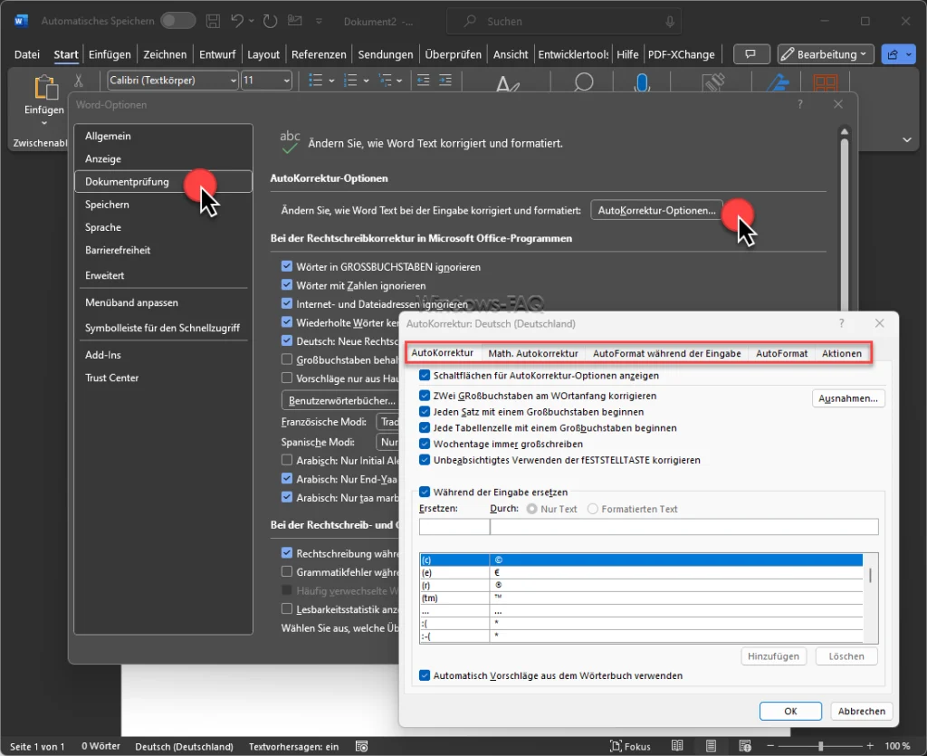 Autokorrektur ausschalten Word