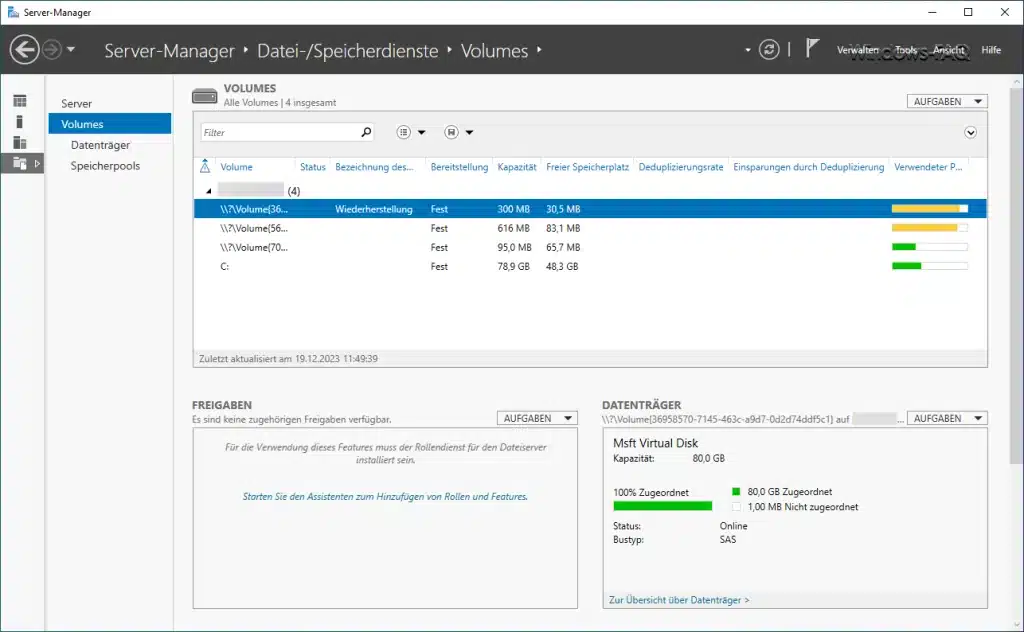 Server Manager Datei- Speicherdienste Volumes